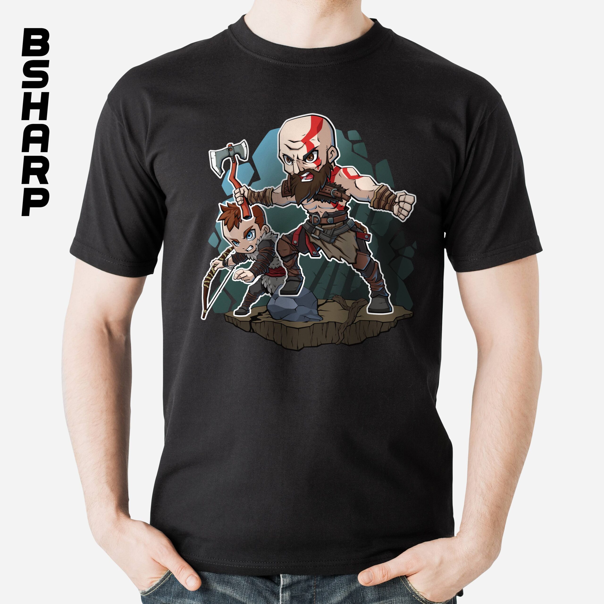 Black Tshirt - God of War - Code 776 تیشرت God of War طرح کارتونی کریتوس و آترئوس - Image 1